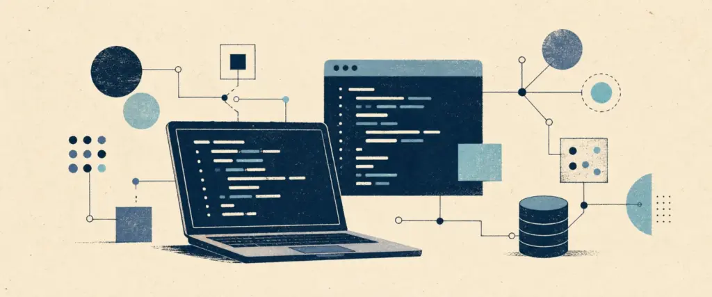 Illustration of a laptop, code windows, and connected system nodes