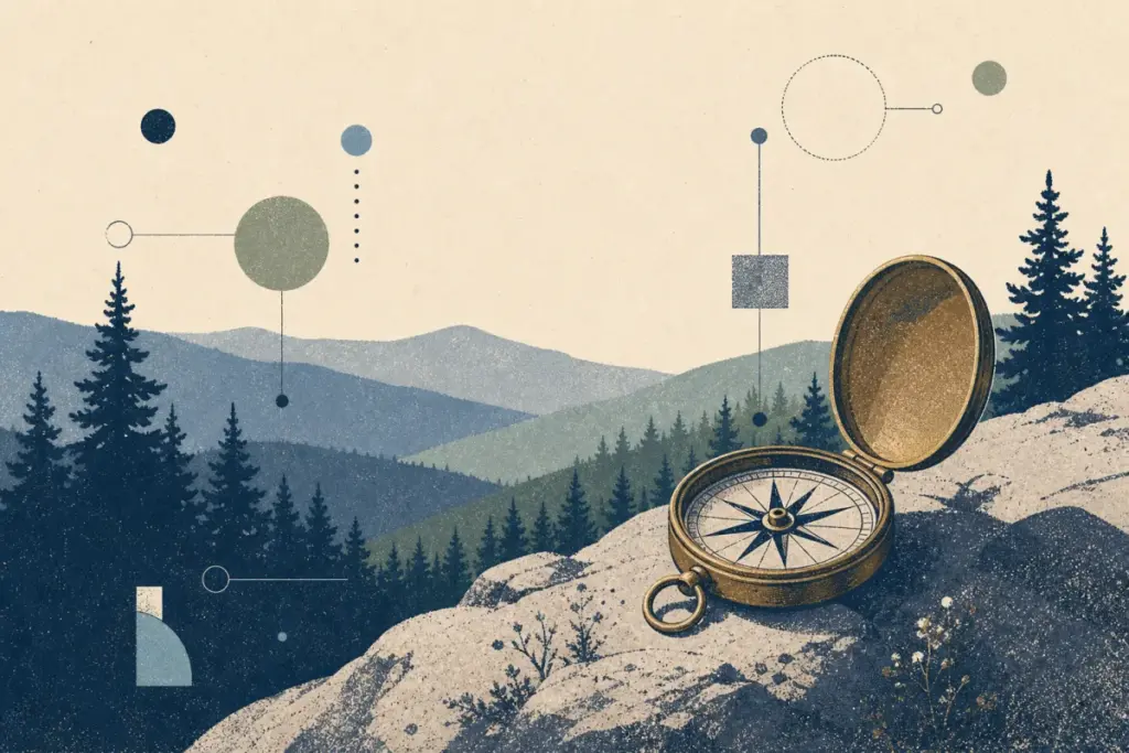 Illustration of a compass overlooking a mountain ridge