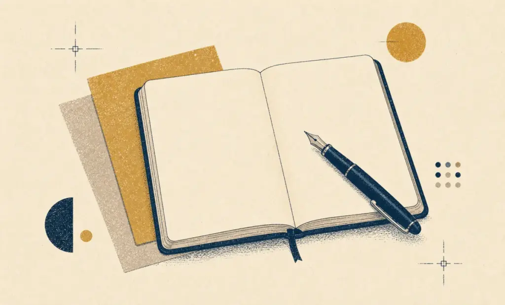 Illustration of an open notebook and fountain pen